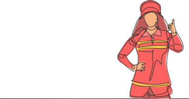 Single continuous line drawing female firefighters in uniform complete with a thumbs-up gesture prepare to put out the fire that burned the building. One line draw graphic design illustration png