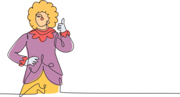 Continuous one line drawing female clown with thumbs-up gesture, wearing a wig and smiling face make-up, entertaining kids at a festive birthday. Single line draw design graphic illustration png