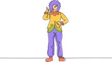 Single one line drawing of female clown stands with a thumbs-up gesture wearing wig and clown costume ready to entertain the audience in circus. Continuous line draw design graphic illustration png