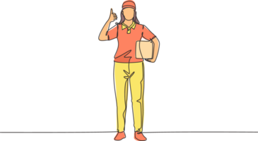 Single continuous line drawing delivery lady stands with thumbs-up gesture, carrying package box that the customer has ordered to be delivered safely. One line draw graphic design illustration png