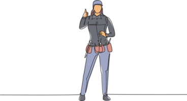 Continuous one line drawing handywoman stands with thumbs-up gesture and tools such as pliers, screwdriver, hammer that is placed on his work shirt. Single line draw design graphic illustration png