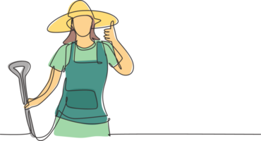 Continuous one line drawing female farmer with a thumbs-up gesture wearing a straw hat and carrying a shovel to work on the farm at harvest time. Single line draw design graphic illustration. png