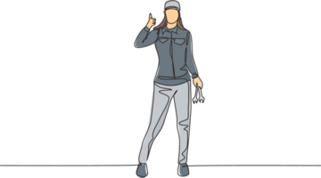 Single continuous line drawing female mechanic stands up with a thumbs-up gesture and holding the wrench to perform maintenance on the vehicle engine. One line draw graphic design illustration png