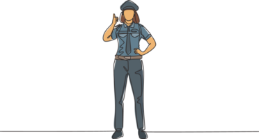 Single continuous line drawing woman pilot stands with a thumbs-up gesture and uniform serves airplane passengers fly to their destination. Dynamic one line draw graphic design illustration. png