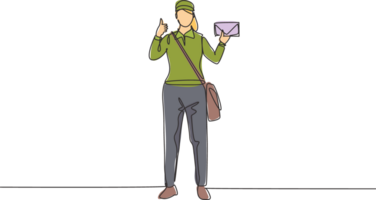 Single one line drawing of postwoman standing in a hat, bag, uniform, holding an envelope, and with a thumbs-up gesture delivering mail. Modern continuous line draw design graphic illustration png