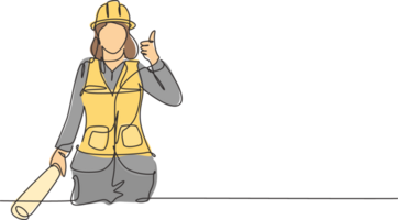 Continuous one line drawing female architect with a gesture of raising his thumb and wearing a helmet carried a building construction drawing paper. Single line draw design graphic illustration png