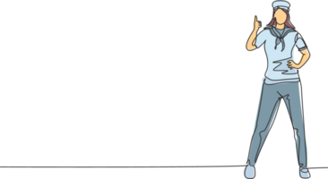 Single einer Linie Zeichnung von Matrose Frau steht mit ein Daumen hoch Geste zu Sein Teil von ein Kreuzfahrt Schiff Tragen Passagiere Reisen über Meere. kontinuierlich Linie zeichnen Design Grafik Illustration png