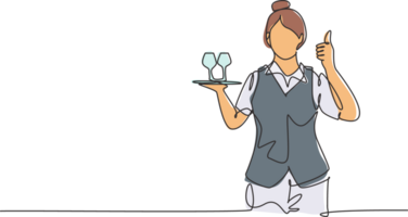 Single one line drawing of waitress with a thumbs-up gesture and brought a tray of drinking glasses serving visitors at the cafeteria. Modern continuous line draw design graphic illustration png