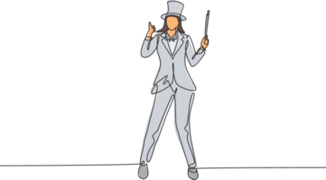 Single continuous line drawing female magician stands with thumbs-up gesture wearing a hat and holding a magic wand performing tricks at a circus show. One line draw graphic design illustration png