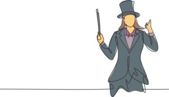 Single one line drawing of female magician with a gesture thumbs up wearing a hat and holding a magic stick ready to entertain the audience. Continuous line draw design graphic illustration png