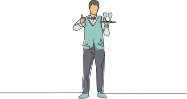 Single continuous line drawing waiter stood up with a thumbs-up gesture and brought a tray of drinking glasses to offer to restaurant guests. Dynamic one line draw graphic design illustration. png