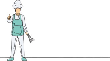 Single one line drawing of chef stands with a thumbs-up gesture and the cooking uniform prepares the ingredients to cook the best dishes. Modern continuous line draw design graphic illustration png