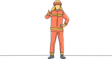 Célibataire un ligne dessin de sapeurs pompiers se tenait portant casques et uniformes Achevée avec une pouces vers le haut geste à travail à éteindre le Feu. continu ligne dessiner conception graphique illustration. png