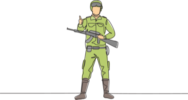 kontinuierlich einer Linie Zeichnung Soldaten Stand mit Waffen, voll Uniformen, und Daumen hoch Gesten Portion das Land mit Stärke von Militär- Kräfte. Single Linie zeichnen Design Grafik Illustration png