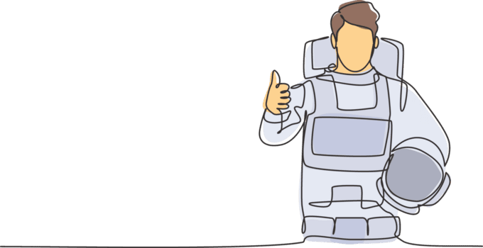 Continuous one line drawing astronauts with a thumbs-up gesture wearing spacesuits to explore outer space in search of the mysteries of universe. Single line draw design graphic illustration. png