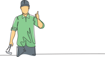 Single continuous line drawing a carpenter with a thumbs-up gesture works in his workshop making wooden products. Skills in using carpentry tools. One line draw graphic design illustration. png