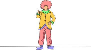 Continuous one line drawing clown stands with a thumbs-up gesture wearing wig and clown costume ready to entertain the audience in the circus arena. Single line draw design graphic illustration png