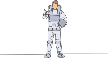 Single continuous line drawing astronaut stands with thumbs-up gesture wearing space suit exploring earth, moon, other planets in the universe. Dynamic one line draw graphic design illustration png