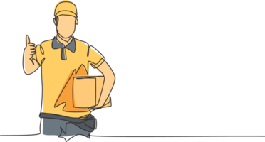 Continuous one line drawing delivery man with a thumbs-up gesture, carrying the package box to be delivered to customers with the best service. Single line draw design graphic illustration. png