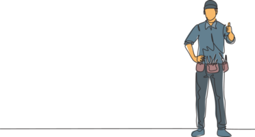Single continuous line drawing handyman stands with a thumbs-up gesture and tools such as pliers, screwdriver, hammer that is placed on his work shirt. One line draw graphic design illustration png