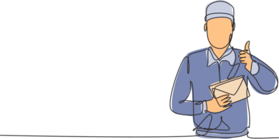Single einer Linie Zeichnung von Postbote tragen ein Hut und Uniform mit ein Daumen hoch Geste hält das Briefumschlag zu Arbeit zum Lieferung zu Häuser. modern kontinuierlich Linie zeichnen Design Grafik Illustration. png