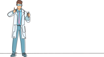 Single continuous line drawing the scientist stands with a thumbs-up gesture and holding a measuring tube filled with a chemical liquid. Dynamic one line draw graphic design illustration. png