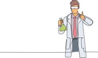 Single continuous line drawing scientist with a thumbs-up gesture and hold measuring tube examining the chemical solution to make a vaccine. Dynamic one line draw graphic design illustration. png