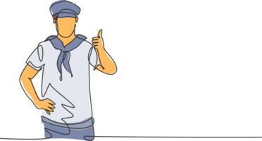 Single continuous line drawing a sailor man with a thumbs-up gesture ready to sail across the seas in a ship that is headed by a captain. Dynamic one line draw graphic design illustration. png