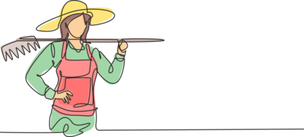 Célibataire un ligne dessin Jeune femelle agriculteur en portant fourchette posant avec mains sur hanche. professionnel travail profession et Occupation minimal concept. continu ligne dessiner conception graphique illustration png