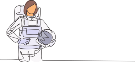 Single continuous line drawing of young beautiful female astronaut holding hands on hip. Professional work job occupation. Minimalism concept one line draw graphic design illustration png
