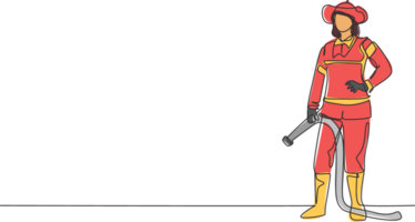 kontinuierlich einer Linie Zeichnung von jung schön weiblich Feuerwehrmann mit Uniform halten Hände auf Hüfte. Fachmann Job Beruf minimalistisch Konzept. Single Linie zeichnen Design Grafik Illustration png