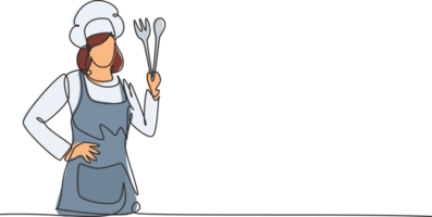 Célibataire un ligne dessin de Jeune beauté femelle chef posant avec mains sur hanche. professionnel travail profession et Occupation minimal concept. continu ligne dessiner conception graphique illustration png