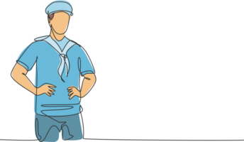 continuo uno linea disegno di giovane marinaio uomo indossare andare in barca uniforme con cappello prima avere un' vela. professionale lavoro professione minimalista concetto. singolo linea disegnare design grafico illustrazione png