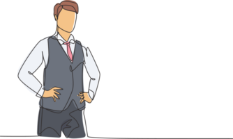 Célibataire un ligne dessin de Jeune Masculin vol préposé portant uniforme soigneusement. professionnel travail profession et Occupation minimal concept. continu ligne dessiner conception graphique illustration png