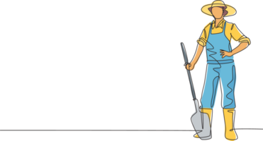Continuous one line drawing of young male farmer pose standing on field and holding shovel. Professional job profession minimalist concept. Single line draw design graphic illustration png