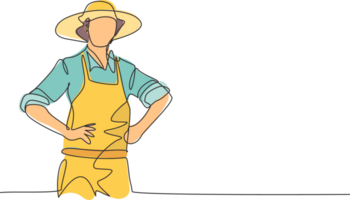 Single one line drawing of young male farmer wearing farming cloth with straw hat. Professional work profession and occupation minimal concept. Continuous line draw design graphic illustration png