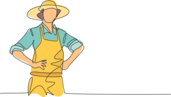 Célibataire un ligne dessin de Jeune Masculin agriculteur portant agriculture tissu avec paille chapeau. professionnel travail profession et Occupation minimal concept. continu ligne dessiner conception graphique illustration png