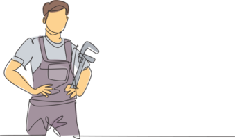 Célibataire un ligne dessin de Jeune Masculin plombier portant uniforme en portant tuyau clé. professionnel travail profession et Occupation minimal concept. continu ligne dessiner conception graphique illustration png