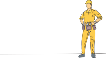 Continuous one line drawing of young handsome handyman pose standing before go to work. Professional job profession minimalist concept. Single line draw design graphic illustration png