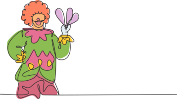 single doorlopend lijn tekening van jong grappig mannetje clown Holding jongleur voordat uitvoeren Bij show. professioneel werk baan bezigheid. minimalisme concept een lijn trek grafisch ontwerp illustratie png