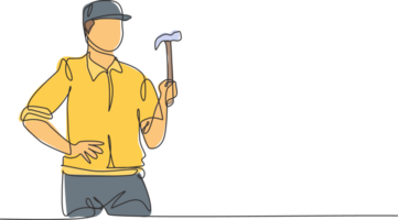 Single one line drawing of young handyman holding hammer ready to work. Professional job profession and occupation minimal concept. Continuous line draw design graphic illustration png