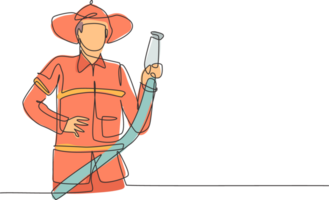 Continuous one line drawing of young male firefighter holding water nozzle. Professional job profession minimalist concept. Single line draw design graphic illustration png