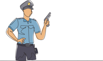 Continuous one line drawing of young policeman wearing uniform and holding hand revolver gun. Professional job profession minimalist concept. Single line draw design graphic illustration png