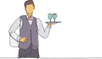 Célibataire un ligne dessin de Jeune serveur homme en portant métal plateau avec verre à servir. professionnel travail profession et Occupation minimal concept. continu ligne dessiner conception graphique illustration png