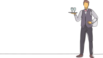 soltero continuo línea dibujo de joven masculino camarero actitud en pie mientras trayendo bandeja con vaso. profesional trabajo trabajo ocupación. minimalismo concepto uno línea dibujar gráfico diseño ilustración png