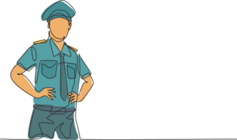 contínuo 1 linha desenhando do jovem capitão piloto pose vestindo uniforme antes descolar voo. profissional trabalho profissão minimalista conceito. solteiro linha desenhar Projeto gráfico ilustração png