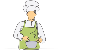 Single einer Linie Zeichnung von jung gut aussehend männlich Koch Rühren Suppe auf schwenken zu mischen Würze. gesund organisch vegan Essen modern Vorlage einer Linie Hand gezeichnet Illustration Minimalismus Stil png
