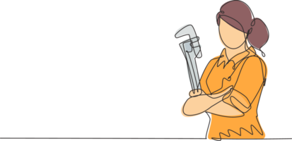Single continuous line drawing of young female plumber holding pipe wrench cross arms on chest. Professional work job occupation. Minimalism concept one line draw graphic design illustration png