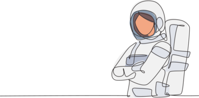 doorlopend een lijn tekening van jong vrouw astronaut in ruimte pak houding kruis armen Aan borst. professioneel baan beroep minimalistische concept. single lijn trek ontwerp grafisch illustratie png