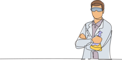 Single one line drawing young male scientist crossed arm on chest and holding flask. Professional work profession occupation minimal concept. Continuous line draw design graphic illustration png